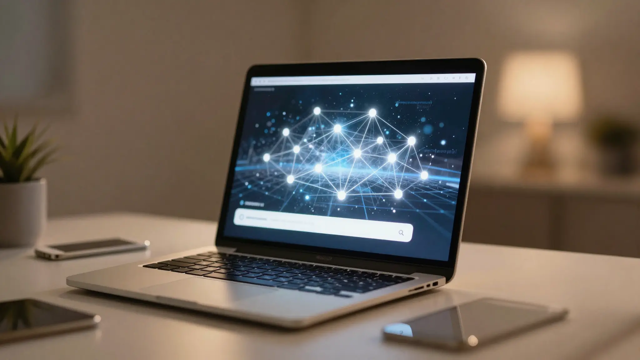 مساحة عمل عصرية تعرض شبكة نطاقات رقمية مترابطة ترمز إلى أسماء المواقع والهوية الرقمية على الإنترنت